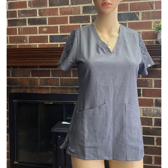 Grey’s Anatomy By Barco Size XXS  gray Scrub Top Short Sleeve V Neck Pockets - Picture 10 of 11